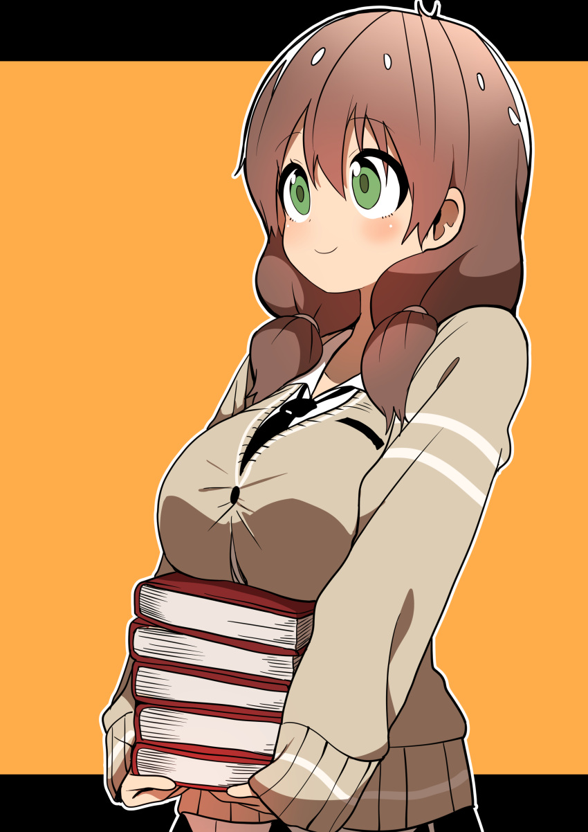 absurdres blush book breast_rest breasts brown_hair bural_chingu cardigan carried_breast_rest carrying commentary female green_eyes ham_na-bi highres holding holding_book huge_breasts korean_commentary luke_(dydansgur) necktie original school_uniform short_twintails skirt smile solo twintails