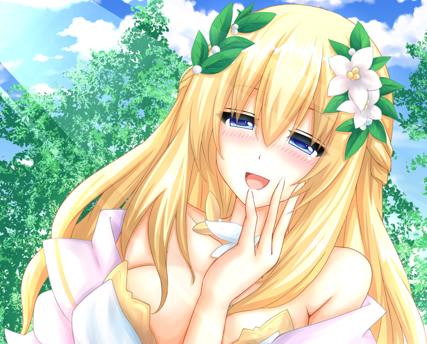 bare_shoulders blonde_hair blue_eyes blush breasts cleavage cloud commentary_request day female flower four_goddesses_online:_cyber_dimension_neptune hair_flower hair_ornament highres large_breasts long_hair looking_at_viewer momijizuki_luna neptune_(series) sky smile tree vert_(neptunia)