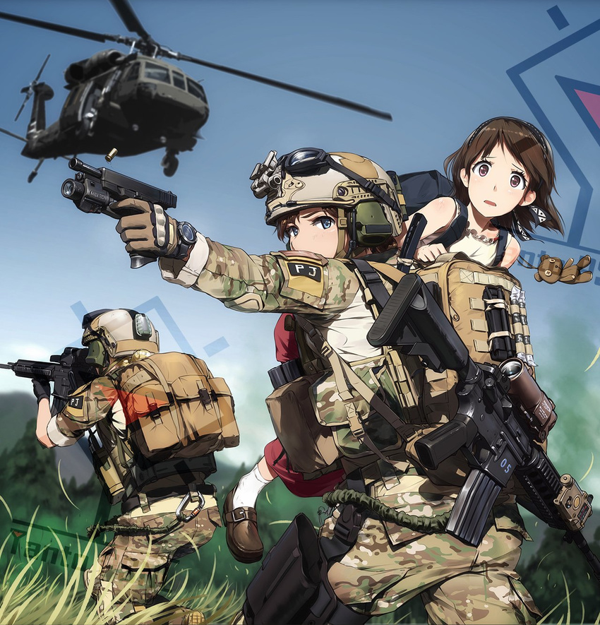 3girls action aircraft ammunition armor assault_rifle bag blonde_hair blue_eyes boots brown_eyes brown_hair camouflage carrying_over_shoulder casing_ejection clock commentary finger_on_trigger firing girlcam_(tanto) glasses glock gloves gun h&k_hk416 handgun heckler_&_koch helicopter helmet highres holding holding_gun holding_weapon load_bearing_vest looking_at_viewer m4_carbine magazine_(weapon) military military_operator military_uniform military_vehicle multiple_girls original rifle shell_casing short_hair soldier tanto_(tc1995) uh-60_blackhawk uniform united_states_air_force weapon woodland_camouflage