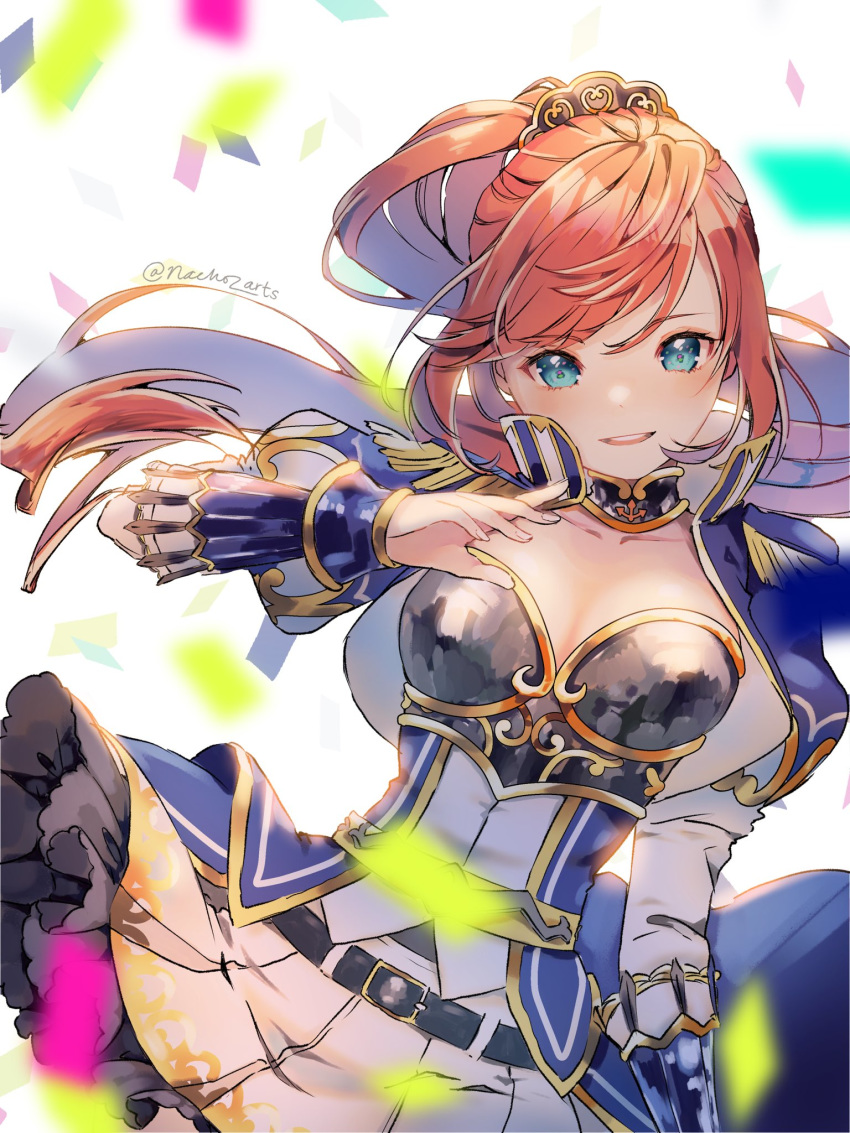 belt blue_eyes blush breasts cleavage commentary female hair_ornament high_ponytail highres juliet_sleeves long_hair long_sleeves looking_at_viewer medium_breasts miniskirt nachoz_(nachozart) orange_hair original puffy_sleeves skirt smile solo