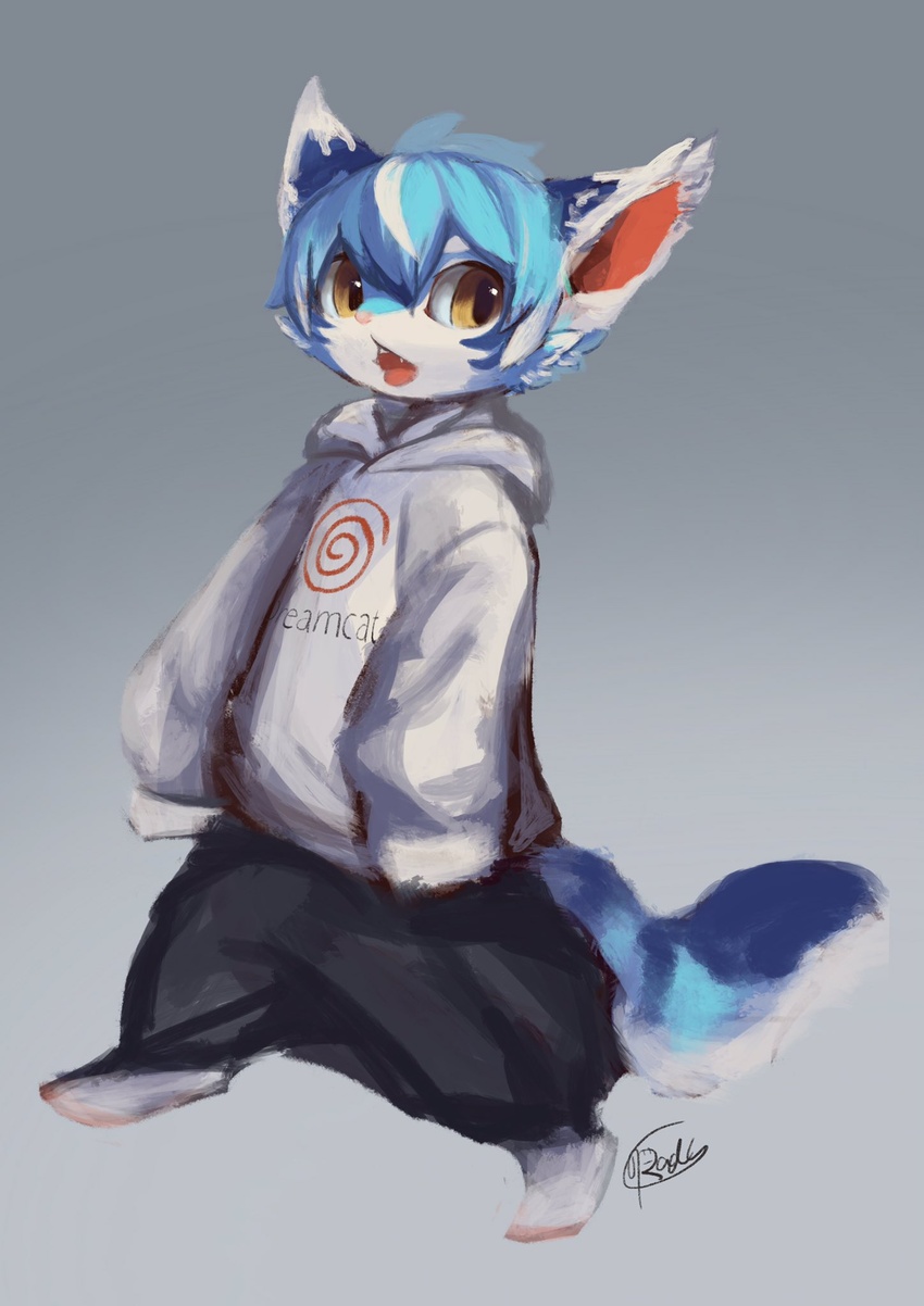 ambiguous_gender anthro blue_body blue_fur blue_hair brand_parody brown_eyes clothing domestic_cat dreamcast_logo felid feline felis fur grey_background hair hi_res hood hoodie hoodie_logo kemono logo mammal multicolored_hair open_mouth rady-wolf rufen sega sega_dreamcast short_hair signature simple_background sleeves_past_wrists solo topwear white_hair young young_anthro