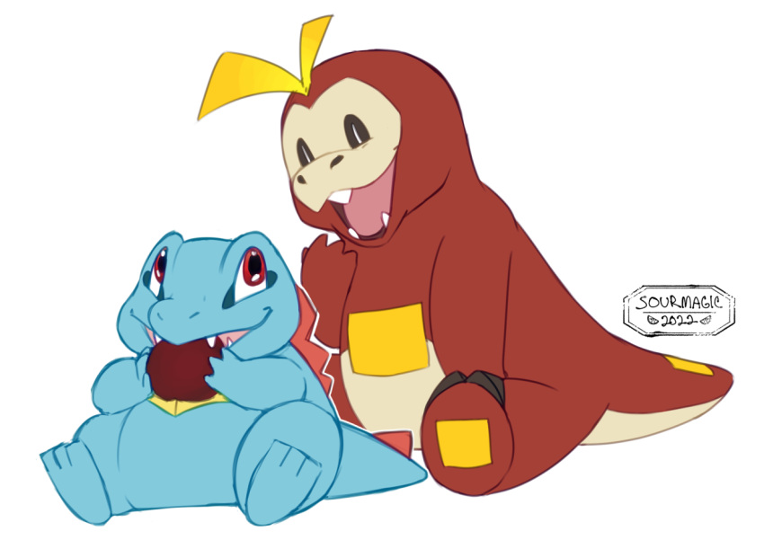 alpha_channel ambiguous_gender apple duo eating feral food fruit fuecoco generation_2_pokemon generation_9_pokemon happy nintendo plant pokemon pokemon_(species) slightly_chubby smile sourmagic tall totodile