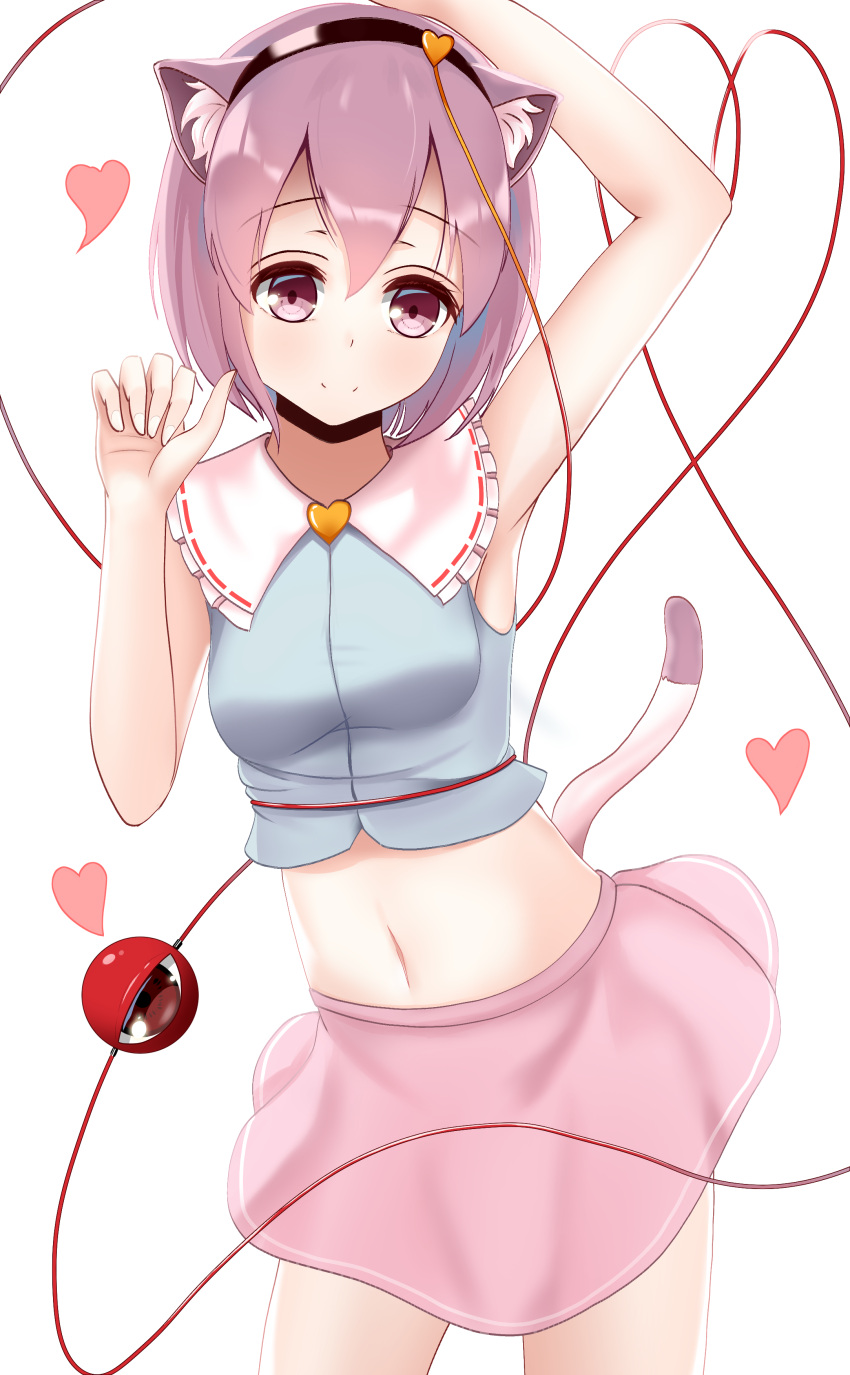 absurdres animal_ears arm_up armpits black_hairband blue_shirt blush breasts cat_ears cat_tail closed_mouth collared_shirt commentary female hair_between_eyes hairband hands_up heart highres komeiji_satori looking_at_viewer mantou_xiang medium_breasts navel pink_eyes pink_skirt purple_hair shirt short_hair simple_background skirt smile solo standing tail third_eye touhou white_background