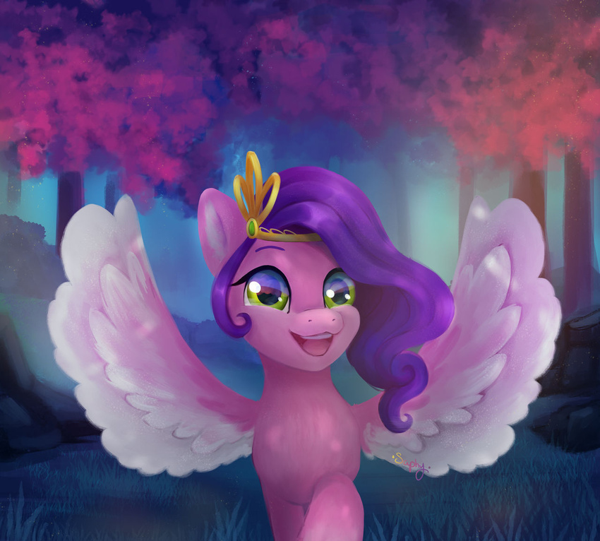 2022 crown digital_media_(artwork) equid equine eyebrows feathered_wings feathers female feral grass green_eyes hair happy hasbro headgear mammal mlp_g5 my_little_pony mythological_creature mythological_equine mythology pegasus pink_body pink_feathers pipp_petals_(mlp) plant purple_hair saphypone signature smile solo spread_wings tiara tree wavy_hair wings