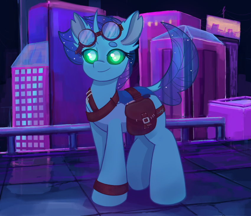 ambiguous_gender arthropod bag blue_body blue_hair blue_skin blue_tail changeling digital_media_(artwork) dock_(anatomy) eyebrows eyelashes eyewear eyewear_on_head fan_character friendship_is_magic goggles goggles_on_head green_eyes hair hasbro hi_res horn my_little_pony saphypone smile solo tail