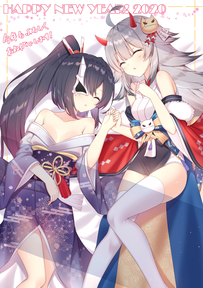 2020 2girls absurdres ahoge akatsuki_(azur_lane) azur_lane black_hair blush breasts cleavage closed_eyes english_text fur_trim grey_hair hair_ornament half_mask happy_new_year headgear hibiki_(azur_lane) hibiki_(new_year's_little_imp)_(azur_lane) high_ponytail highres holding_hands horns japanese_clothes kimono long_hair long_sleeves mask multiple_girls new_year official_alternate_costume oni_horns parted_lips ponytail sleeping small_breasts t@ke-g thighhighs white_thighhighs