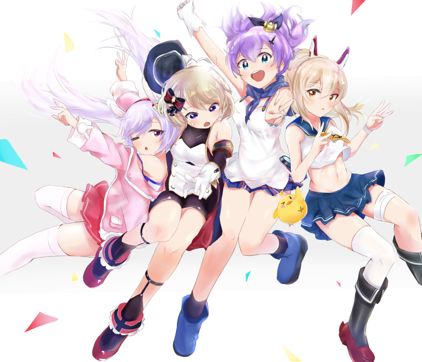 4girls :d ;o animal_ears animal_hood aqua_eyes arm_up arm_warmers armband armpits arms_up ayanami_(azur_lane) azur_lane bandaged_leg bandages bare_shoulders bear_hood beret bike_shorts black_headwear black_ribbon black_socks blue_eyes blue_footwear blue_sailor_collar blue_skirt blush bodystocking boots bow bracelet breasts bridal_garter camisole clenched_hand commentary_request crop_top cross cross_hair_ornament crown fake_animal_ears full_body gloves groin hair_between_eyes hair_ornament hair_ribbon hairband hairbow hat headgear high_ponytail highres hood hood_down iron_cross jacket javelin_(azur_lane) jewelry jumping knee_boots laffey_(azur_lane) light_brown_hair long_hair long_sleeves looking_at_viewer manjuu_(azur_lane) medium_breasts middle_w midriff mini_crown multiple_girls navel neckerchief off_shoulder okame._(okame124) one_eye_closed open_clothes open_jacket open_mouth orange_eyes pink_jacket plaid plaid_skirt platinum_blonde_hair pleated_skirt ponytail purple_hair purple_skirt rabbit_ears red_eyes red_hairband red_skirt ribbon rudder_footwear sailor_collar shirt short_hair sidelocks simple_background single_glove single_thighhigh skindentation skirt sleeveless smile socks strap_slip striped striped_bow sweat teeth thigh_gap thighhighs tilted_headwear twintails unworn_headwear upper_teeth_only very_long_hair w waist_cape white_background white_camisole white_gloves white_hair white_thighhighs yellow_neckerchief z23_(azur_lane) zettai_ryouiki