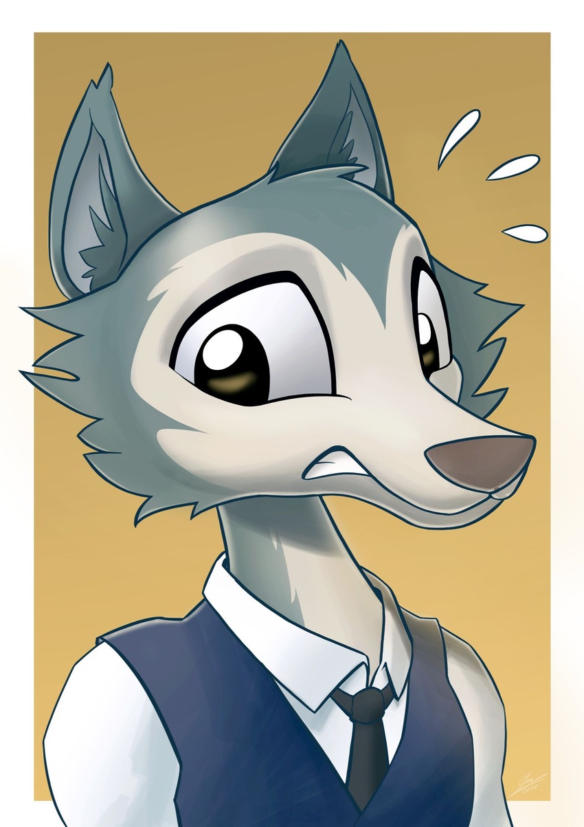 anthro beastars bodily_fluids canid canine canis clothed clothing dori-to hi_res legoshi_(beastars) male mammal necktie simple_background snout solo sweat sweatdrop toony wolf