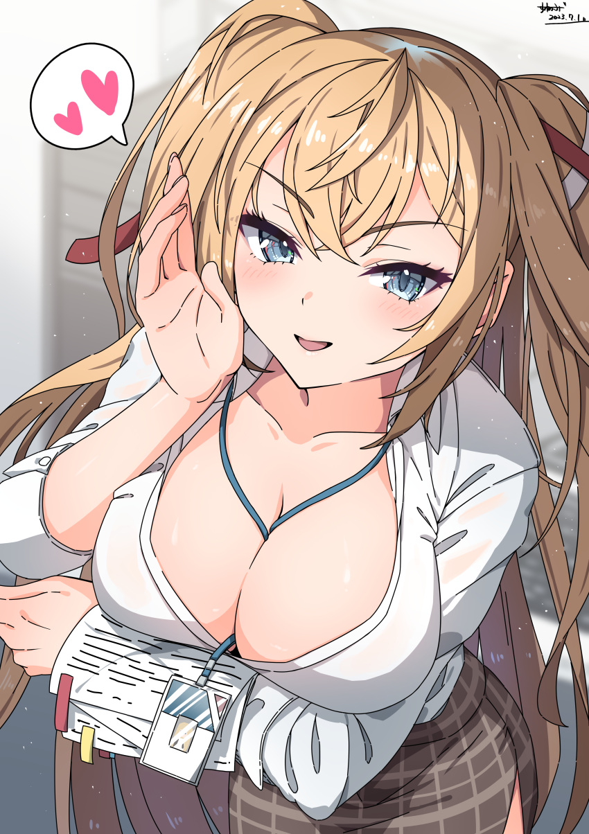 absurdres arm_under_breasts azur_lane between_breasts blonde_hair blue_eyes blush breasts brown_skirt checkered_clothes checkered_skirt cleavage collarbone commentary crossed_bangs dated female gorizia_(azur_lane) gorizia_(unrequited_office_love?)_(azur_lane) hair_ribbon heart highres large_breasts long_hair looking_at_viewer office_lady official_alternate_costume open_clothes open_mouth open_shirt pencil_skirt red_ribbon ribbon shirt signature skirt smile solo speech_bubble sunebu_(snake_boo2) two_side_up white_shirt