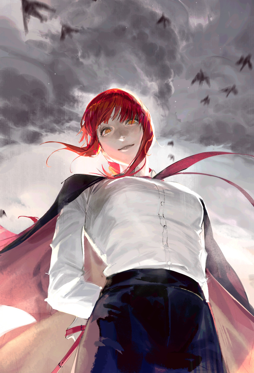 absurdres animal arms_behind_back bad_id bad_pixiv_id bird chainsaw_man closed_mouth cloud cloudy_sky eyelashes female flying from_below grey_sky highres holding holding_leash kurikabacha leash long_eyelashes long_hair looking_at_viewer makima_(chainsaw_man) necktie red_hair red_necktie ringed_eyes sky smile solo