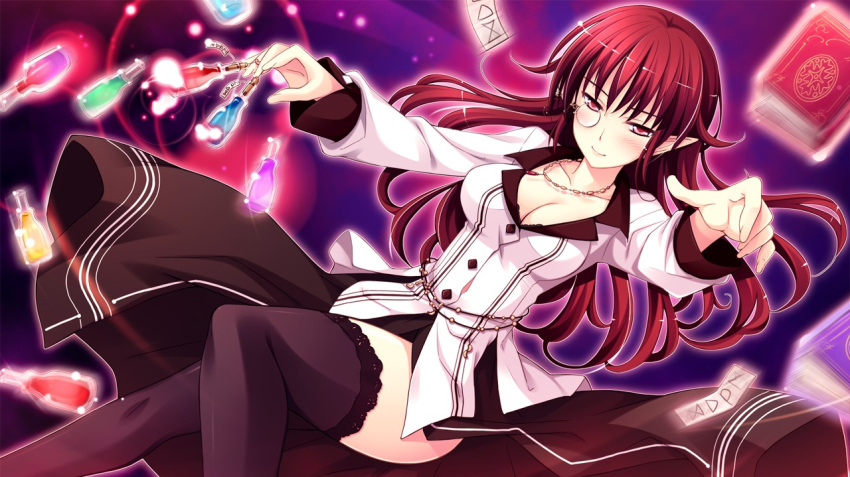 black_skirt black_thighhighs breasts cleavage closed_mouth collarbone dress_shirt female floating_hair game_cg half-closed_eyes jewelry kagami_yuuko ko~cha long_hair long_skirt long_sleeves looking_at_viewer medium_breasts monocle necklace pointy_ears purple_background red_eyes red_hair shirt side_slit skirt smile solo thighhighs very_long_hair white_shirt witch's_garden