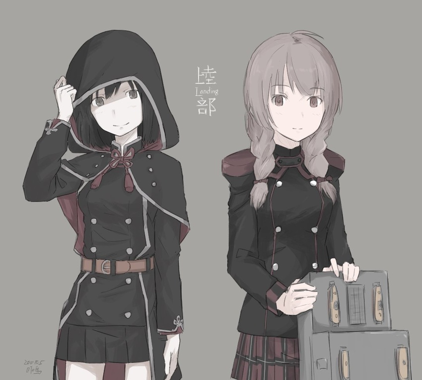 2girls akitsu_maru_(kancolle) akitsu_maru_(kancolle)_(cosplay) belt black_hair black_skirt braid breasts brown_belt brown_hair closed_mouth cosplay costume_switch dated grey_background hikashima_(shiofune) hood hood_up kantai_collection long_hair long_sleeves multiple_girls official_alternate_costume pale_skin plaid plaid_skirt red_skirt shinshuu_maru_(kancolle) shinshuu_maru_(kancolle)_(cosplay) short_hair signature simple_background skirt smile twin_braids