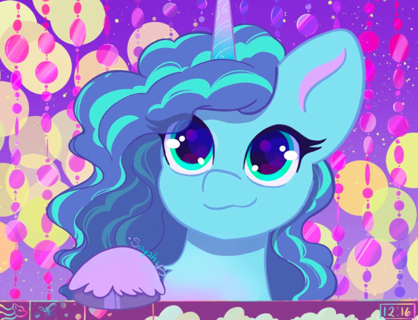 blue_body blue_hair blue_hooves detailed_background equid equine eyelashes female feral fetlocks green_eyes hair hasbro hi_res hooves horn leg_tuft mammal misty_brightdawn_(mlp) mlp_g5 multicolored_hair my_little_pony mythological_creature mythological_equine mythology saphypone signature smile solo tuft two_tone_hair unicorn unicorn_horn