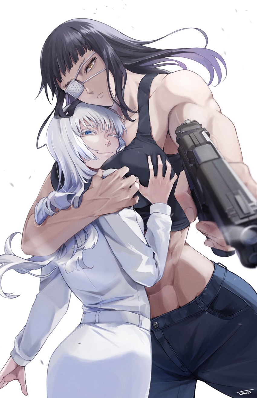 2girls abs black_hair blue_eyes breasts closed_eyes collarbone denim eyepatch fingernails grabbing grabbing_another's_breast gun handgun highres holding holding_gun holding_weapon hug huge_breasts jeans jormungand_(manga) koko_hekmatyar long_hair looking_at_viewer multiple_girls muscular muscular_female one_eye_closed pants signature smoke smoking_barrel sofia_valmer sunsirou tank_top veins weapon white_hair yellow_eyes yuri