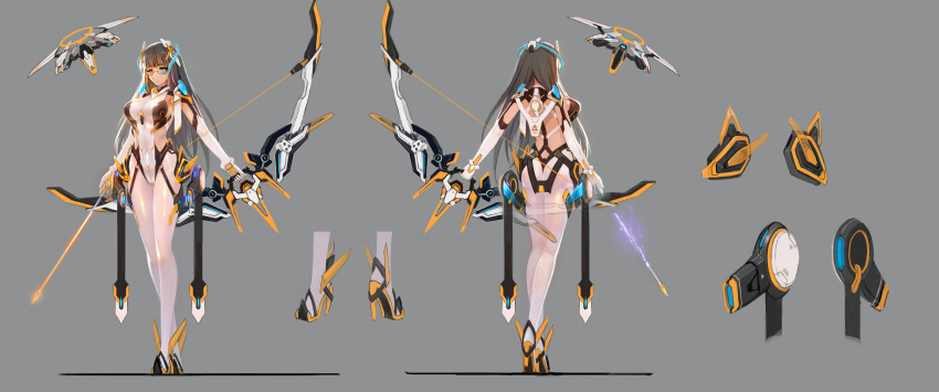 300_heroes absurdres archery arrow_(projectile) ass bad_id bad_pixiv_id bodysuit bow_(weapon) breasts dress duplicate female glasses gloves grey_background grey_hair headgear high_heels highres large_breasts long_hair looking_at_viewer mecha_musume multiple_views orange_eyes original pixel-perfect_duplicate reference_sheet science_fiction shiny_clothes simple_background skirt standing weapon white_bodysuit white_legwear zhuore_zhi_hen