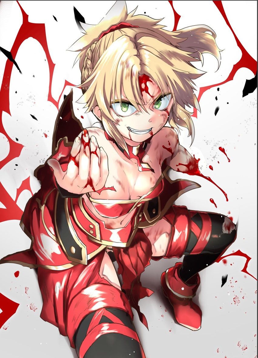 amputee bad_perspective bare_shoulders black_thighhighs blonde_hair blood blood_on_clothes blood_on_face braid breasts cleavage commentary_request fate/apocrypha fate_(series) female green_eyes guro hair_ornament hair_scrunchie highres long_hair looking_at_viewer mordred_(fate) mordred_(fate/apocrypha) mozu_(peth) ponytail red_scrunchie scrunchie simple_background small_breasts smile solo teeth thighhighs torn_clothes torn_thighhighs white_background