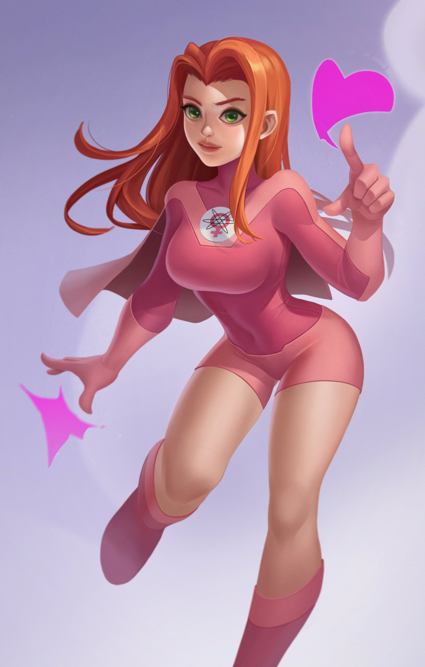 absurdres atom_eve bodysuit boots breasts covered_navel english_commentary female gloves green_eyes hair_behind_ear heart highres invincible_(series) leaning_forward medium_breasts open_hand orange_hair parted_hair pink_bodysuit pink_eyes pink_footwear pink_gloves pointing rumbee samantha_eve_wilkins solo superhero_costume thick_lips