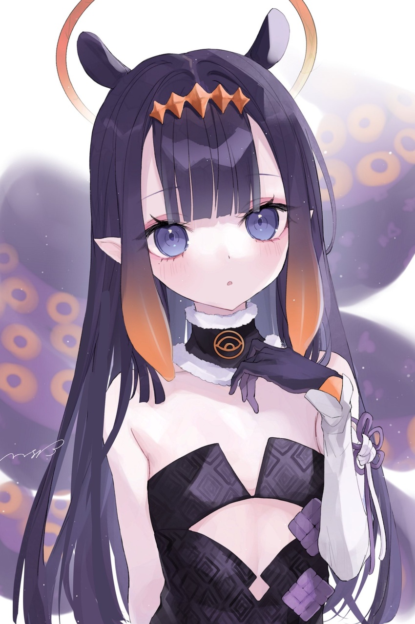 animal_ears bad_id bad_twitter_id bare_shoulders black_dress blunt_bangs clothing_cutout dress extra_ears female flat_chest gradient_hair halo hand_up highres hololive hololive_english long_hair mashiro_shiki multicolored_hair navel_cutout ninomae_ina'nis ninomae_ina'nis_(1st_costume) orange_hair pointy_ears purple_eyes purple_hair sidelocks simple_background solo tentacle tentacle_hair upper_body very_long_hair virtual_youtuber white_background