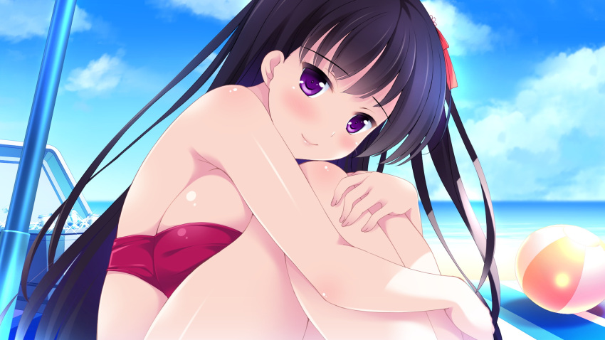 ball beach beachball bikini black_hair blue_sky blurry blurry_background blush breast_press breasts closed_mouth cloud day female game_cg hair_ribbon highres hugging_own_legs ko~cha large_breasts long_hair looking_at_viewer manazuru_kazuha ocean outdoors purple_eyes red_bikini red_ribbon ribbon shiny_skin sitting sky smile solo strapless strapless_bikini summer swimsuit very_long_hair wizards_complex