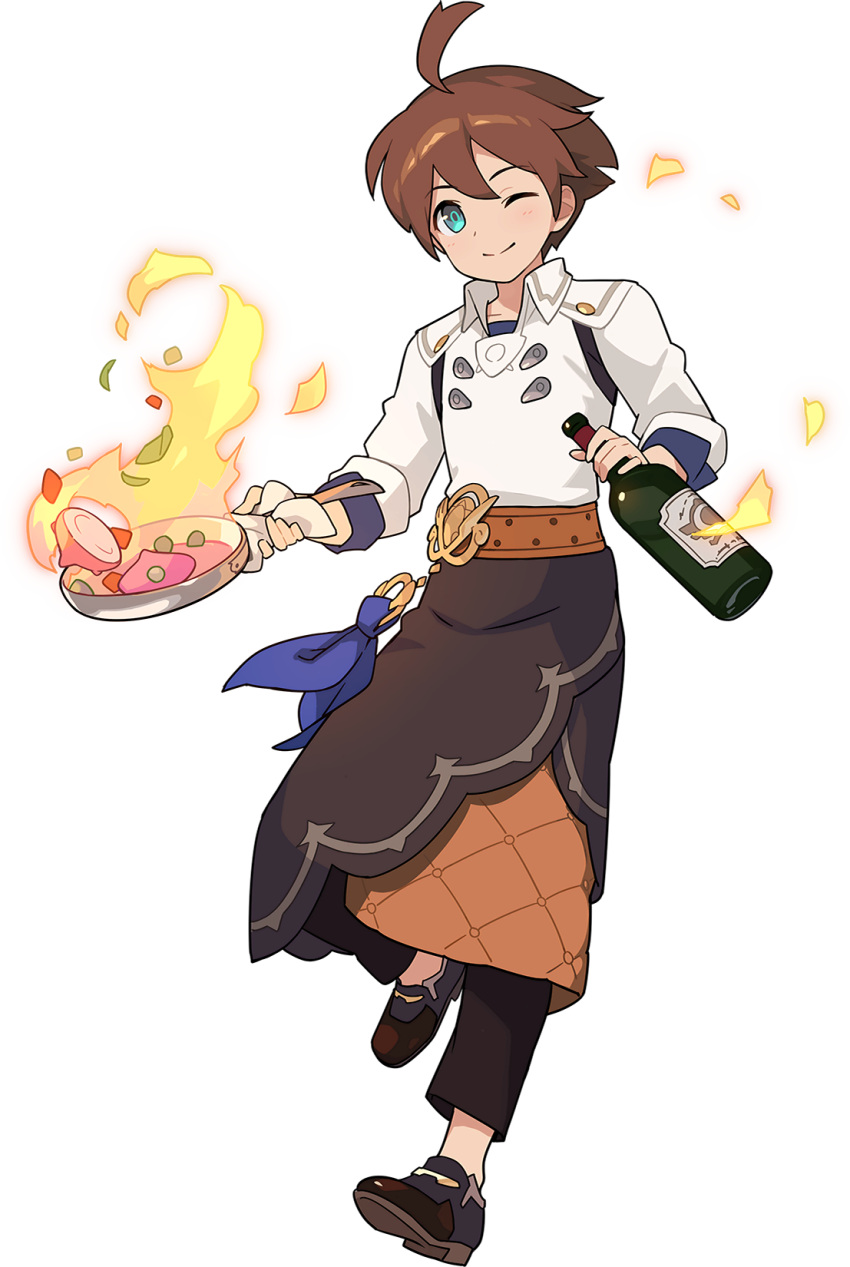 1boy ahoge alcohol alk_(world_flipper) apron artist_request belt black_apron black_footwear black_pants blue_ribbon blush bottle brown_hair chef closed_mouth cloth collarbone collared_shirt cooking fire flambe food frying_pan full_body happy highres holding holding_bottle holding_frying_pan leg_up light_blush looking_at_viewer male_focus non-web_source official_art one_eye_closed pants ribbon shirt shoes short_hair sidelocks simple_background smile solo standing standing_on_one_leg transparent_background undershirt waist_apron white_shirt wine wine_bottle world_flipper