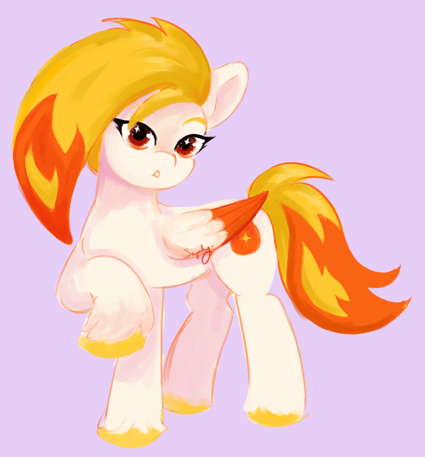 absurd_res blonde_hair cutie_mark equid equine eyebrows eyelashes feathered_wings feathers female feral fetlocks flare_(g5) folded_wings hair hasbro hi_res hooves looking_at_viewer mammal mlp_g5 multicolored_hair my_little_pony mythological_creature mythological_equine mythology orange_body orange_feathers orange_hair orange_tail pegasus purple_background raised_hoof red_eyes saphypone simple_background solo tail two_tone_hair two_tone_tail white_body white_feathers wings yellow_hooves yellow_tail