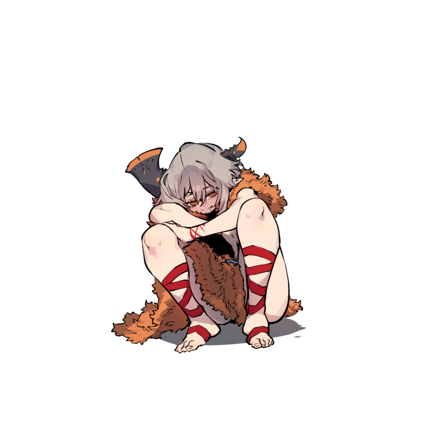 axe axehorn_(ssambatea) barefoot closed_mouth commentary crossed_arms english_commentary female grey_hair highres horns looking_at_viewer orange_eyes original pelt pointy_ears ringed_eyes short_hair simple_background sitting smile solo ssambatea toenails white_background