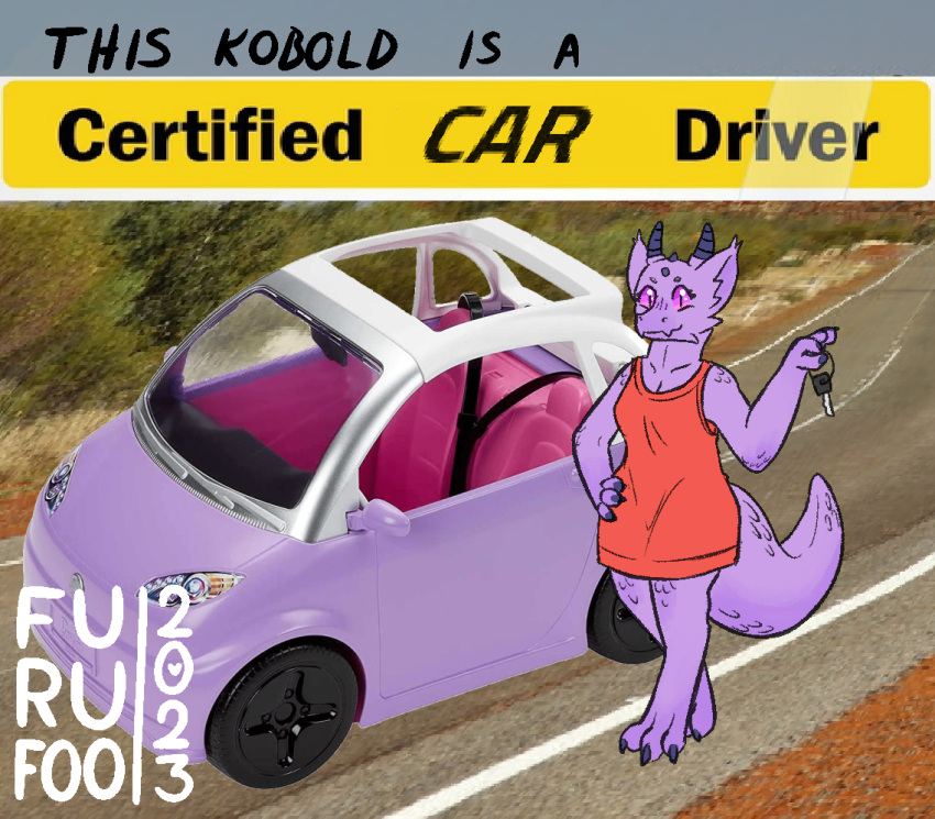 2_horns 4_fingers anthro car car_keys claws clothing collage_(disambiguation) compact_car convertible digitigrade dress english_text female fingers forklift_certified furufoo holding_car_keys horn key kobold meme motor_vehicle purple_body purple_eyes purple_scales red_clothing red_dress scales scalie tail text toy toy_car vehicle