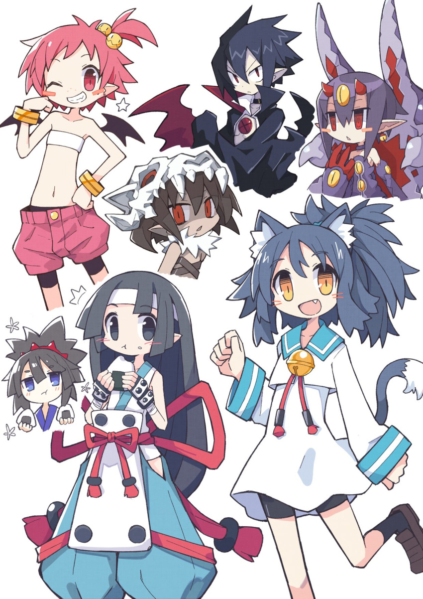 1boy 6+girls :t ^^^ animal_ear_fluff animal_ears asameshi bat_wings bell belt_bra bike_shorts black_choker black_hair black_legwear blue_eyes blush_stickers bracelet brown_footwear brown_hair cape cat_ears cat_tail character_request choker commentary_request desco_(disgaea) disgaea earrings eating extra_eyes fingerless_gloves food food_on_face gauntlets gloves grey_eyes grey_hair grin hair_bobbles hair_ornament hakama hakama_shorts hanako_(disgaea) hand_on_own_hip highres hime_cut holding holding_food horns japanese_clothes jewelry jingle_bell_earrings jitome kimono loafers long_hair looking_at_viewer makai_senki_disgaea_2 makai_senki_disgaea_3 makai_senki_disgaea_4 midriff multiple_girls navel neck_bell oerba_yun_fang one_eye_closed onigiri open_mouth pink_hair pink_shorts ponytail purple_hair red_eyes rice rice_on_face ringed_eyes rutile_(disgaea) sailor_collar sailor_shirt shaman_(disgaea) shirt shoes short_hair shorts simple_background skirt skull skull_on_head sleeveless sleeveless_kimono smile socks star_(symbol) strapless stud_earrings tail triangle_mouth tube_top valvatorez_(disgaea) white_background white_kimono white_shirt white_skirt wings wrist_wrap yellow_eyes yukimaru_(disgaea)