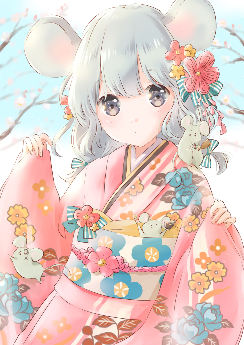 :o animal animal_ears animal_on_shoulder arms_up blue_sky blurry blurry_background branch cloud commentary_request day depth_of_field female floral_print flower grey_eyes grey_hair hagoita hair_flower hair_ornament highres hoshiibara_mato japanese_clothes kimono leaning_back looking_at_viewer mouse_(animal) mouse_ears mouse_on_shoulder obi original outdoors paddle pink_kimono sash short_hair sky sleeves_past_wrists solo