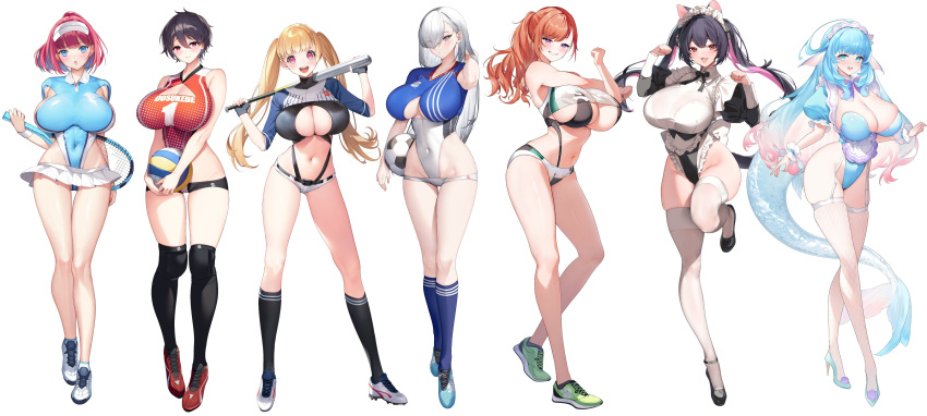 6+girls absurdres arrow_(tamawo222) ball baseball_bat baseball_uniform belt black_belt black_hair blonde_hair blue_eyes blue_hair blunt_bangs breasts cleavage_cutout clothes_writing clothing_cutout commentary_request covered_navel cross-body_stretch curvy eyes_visible_through_hair fins fish_tail grey_eyes high_ponytail highleg highleg_leotard highres huge_breasts knee_pads large_breasts legs leotard leotard_under_clothes long_hair looking_at_viewer micro_shorts multiple_girls navel open_mouth orange_hair original pink_eyes pointy_ears purple_eyes racket red_eyes red_hair revealing_clothes romaji_text short_hair shorts simple_background smile soccer_ball sportswear stretching swept_bangs tail tennis_racket tennis_skirt tennis_uniform thong_leotard track_and_field twintails very_long_hair visor_cap volleyball volleyball_uniform white_background white_hair