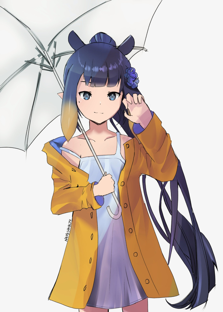 absurdres black_hair blue_eyes blue_flower blunt_bangs collarbone dress eyebrows_hidden_by_hair female flower gradient_hair hair_flaps hair_flower hair_ornament highres holding holding_umbrella hololive hololive_english jacket long_hair mole mole_under_eye multicolored_hair namishiron ninomae_ina'nis off_shoulder official_alternate_hairstyle open_hand orange_hair pointy_ears ponytail sidelocks smile solo tentacle_hair transparent transparent_umbrella umbrella very_long_hair violet_(ninomae_ina'nis) virtual_youtuber white_background white_dress yellow_jacket