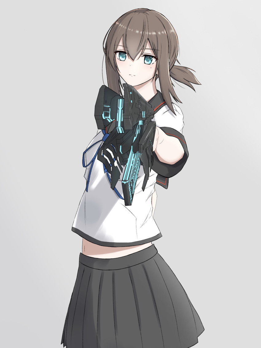 absurdres aiming aiming_at_viewer aqua_eyes bad_id bad_pixiv_id black_skirt brown_hair cowboy_shot dominator_(gun) female fubuki_(kancolle) fubuki_kai_ni_(kancolle) grey_background gun highres holding holding_gun holding_weapon kantai_collection looking_at_viewer low_ponytail midriff_peek navel pleated_skirt ponytail psycho-pass rynn_(rynn_cube) school_uniform serafuku short_ponytail sidelocks simple_background skirt solo weapon