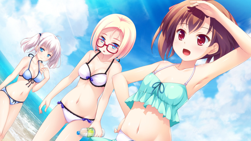 3girls ahoge armpits ass_visible_through_thighs bare_arms beach bikini black_ribbon blonde_hair blue_bikini blue_eyes blue_sky bottle breasts brown_hair cleavage cloud collarbone day dutch_angle front-tie_bikini_top front-tie_top game_cg glasses hair_ribbon halterneck hand_on_own_hip highres holding holding_bottle iris_reinfeldt kagurazaka_mei ko~cha long_hair medium_breasts multiple_girls navel ocean outdoors red-framed_eyewear red_eyes red_ribbon ribbon short_hair sky small_breasts summer sunlight swimsuit tatyana_m_pavlova thigh_gap twintails water_bottle white_bikini white_hair wizards_complex