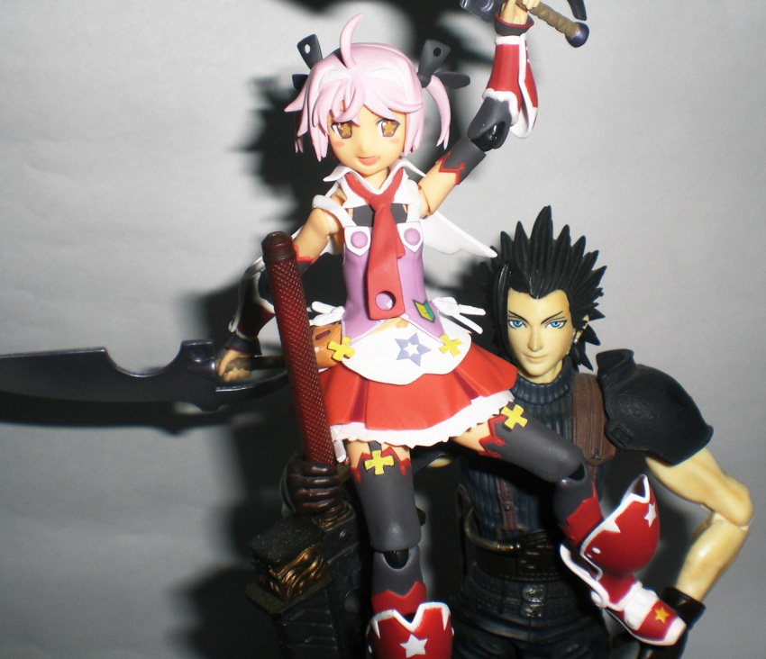 1boy ahoge black_hair buster_sword crisis_core_final_fantasy_vii crossover cute_(queen's_blade) dual_wielding female figma figure final_fantasy final_fantasy_vii holding open_mouth photo_(medium) pink_hair play_arts queen's_blade queen's_blade_spiral_chaos shoulder_pads skirt sword thighhighs weapon zack_fair zettai_ryouiki