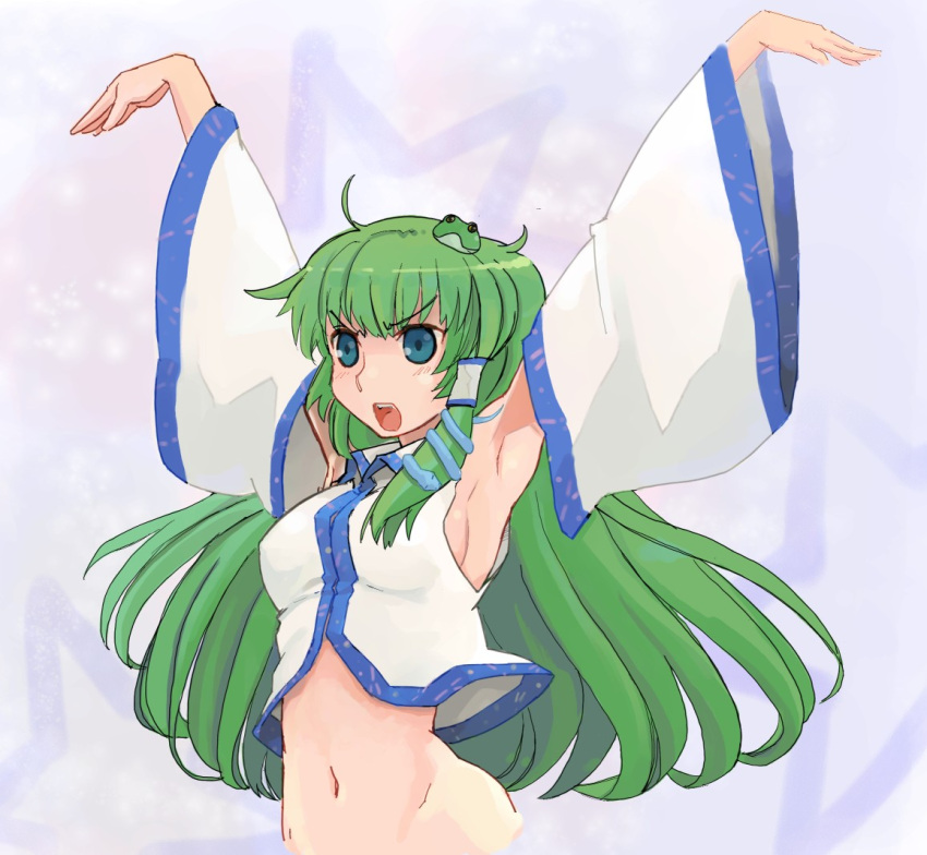 aqua_eyes armpits arms_up bottomless breasts commentary_request crop_top detached_sleeves female fighting_stance frown green_hair groin hair_ornament kochiya_sanae long_hair medium_breasts midriff narrow_waist navel pinzu serious sideboob solo touhou upper_body