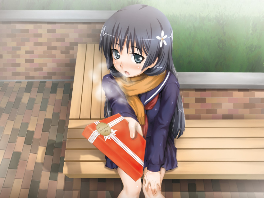 aru_ra_une bench black_hair blush breath female flower gift hair_flower hair_ornament highres holding holding_gift incoming_gift long_hair sakugawa_school_uniform saten_ruiko scarf school_uniform serafuku sitting skirt solo toaru_kagaku_no_railgun toaru_majutsu_no_index valentine winter_uniform