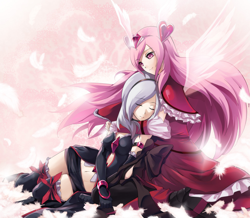 2girls angel_wings bike_shorts black_gloves black_thighhighs bow closed_eyes commentary_request cure_passion dress dual_persona eas_(fresh_precure!) elbow_gloves feathered_wings feathers fresh_precure! gloves grey_hair hair_ornament hairband heart heart_hair_ornament higashi_setsuna hug hug_from_behind kazuki_sanbi kneeling long_hair magical_girl multiple_girls navel pink_eyes pink_hair precure ribbon short_hair shorts smile thighhighs tiara wings