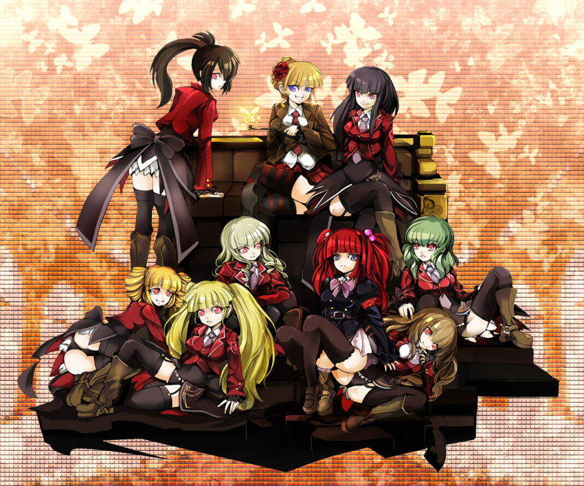 6+girls asmodeus_(umineko) beatrice_(umineko) beelzebub_(umineko) belphegor_(umineko) black_hair blonde_hair boots bow bowtie brown_hair bug butterfly commentary_request drill_hair flower garter_straps green_hair hair_ornament kiseru leviathan_(umineko) lucifer_(umineko) mammon_(umineko) mozu_taiya multiple_girls necktie red_eyes red_hair satan_(umineko) showgirl_skirt skirt smoking_pipe stakes_of_purgatory thighhighs twintails umineko_no_naku_koro_ni ushiromiya_ange vest