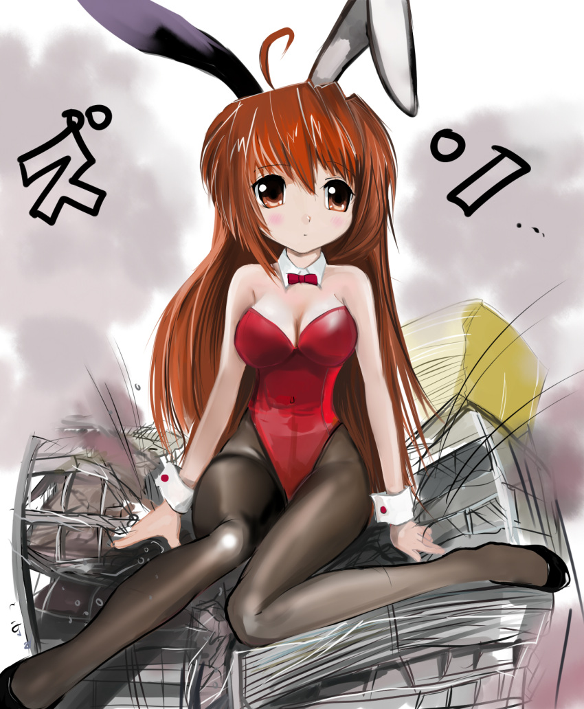 animal_ears asahina_mikuru bad_id bad_pixiv_id bare_shoulders blush breasts brown_eyes brown_hair building city cleavage crushing destruction detached_collar female giant giantess highres inuyama long_hair medium_breasts official_alternate_costume pantyhose playboy_bunny rabbit_ears sitting solo suzumiya_haruhi_no_yuuutsu wrist_cuffs