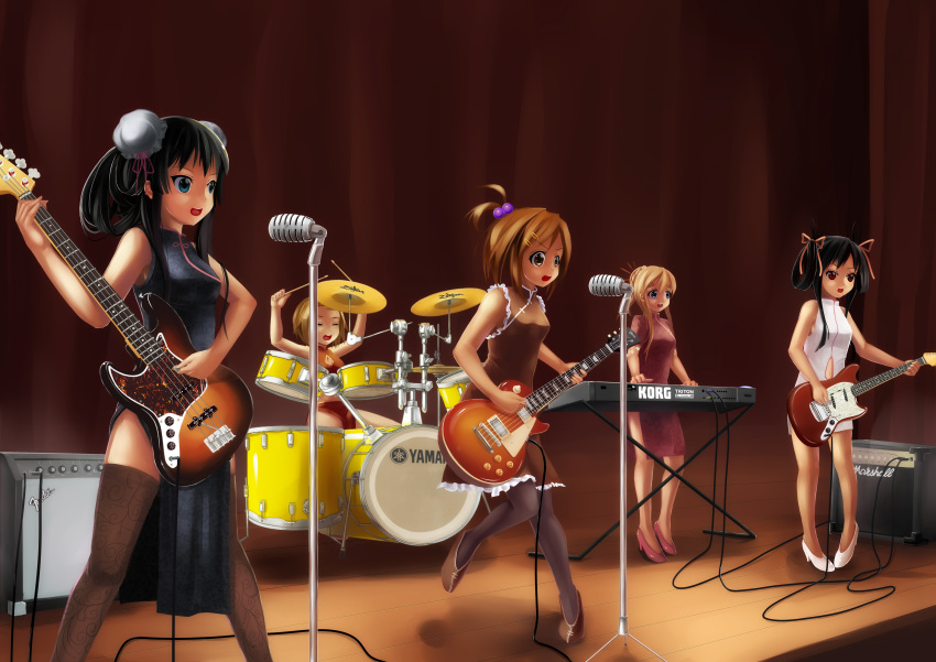 5girls absurdres akiyama_mio amplifier artist_request band bass_guitar black_hair blonde_hair blue_eyes brown_eyes brown_hair bun_cover china_dress chinese_clothes dress drum drum_set drumsticks electric_guitar fender_jazz_bass fender_musical_instruments_corporation fender_mustang gibson_brands_inc gibson_les_paul guitar high_heels highres hirasawa_yui instrument k-on! keyboard_(instrument) korg korg_triton kotobuki_tsumugi left-handed long_hair marshall_amplification microphone microphone_stand multiple_girls nakano_azusa photoshop_(medium) shoes short_hair stage tainaka_ritsu thighhighs twintails vintage_microphone yamaha