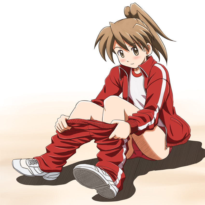 brown_eyes brown_hair buruma commentary_request dressing female gym_uniform highres jacket lielos original pants poniko_(lielos) ponytail red_buruma shoes sitting smile sneakers solo track_jacket track_pants undressing