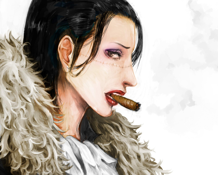 bad_id bad_pixiv_id black_hair cigar crocodile_(one_piece) erichika eyeshadow female genderswap_(mtf) lips lipstick makeup one_piece portrait profile realistic rule_63 scar short_hair smoking solo