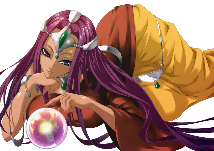 bracelet choker circlet commentary_request crystal_ball dark-skinned_female dark_skin dragon_quest dragon_quest_iv dress female jewelry kininaljaguar long_hair lying minea_(dq4) necklace purple_eyes purple_hair solo yellow_dress