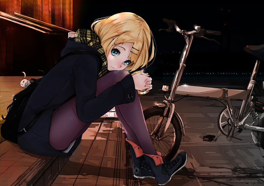 bad_id bad_pixiv_id bag bicycle blonde_hair blue_eyes can casual coat female folding_bicycle hair_ornament hairclip hugging_own_legs kagamine_rin mille_(dieci) pantyhose scarf short_hair sitting solo vocaloid