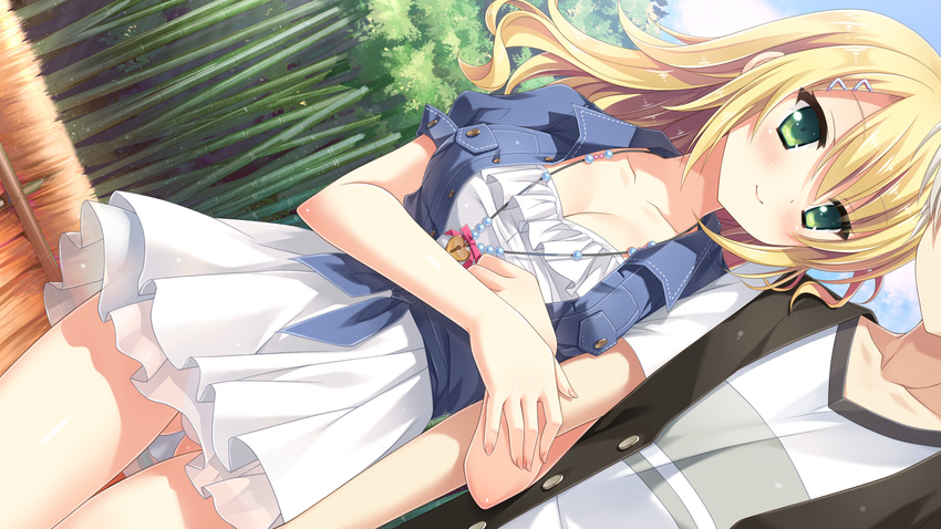 1boy arm_hug ashihara_daiki ass_visible_through_thighs blonde_hair blush breasts cleavage denim denim_jacket dress dutch_angle female game_cg hair_ornament hairclip highres ikegami_akane jacket jewelry large_breasts locket panties pantyshot pendant petticoat smile solo_focus standing thigh_gap underwear wavy_hair white_dress white_panties yagami_mihono yome_sagashi_ga_hakadori_sugite_yabai.