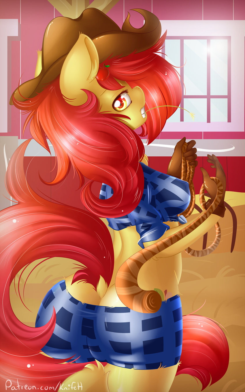 2015 anthro anthrofied apple_bloom_(mlp) ass biped bottomwear clothed clothing cutie_mark denim denim_clothing earth_pony equid equine female friendship_is_magic fur gloves hair handwear hasbro hat hay headgear headwear hi_res horse knifeh looking_at_viewer mammal my_little_pony pony red_hair rope shorts solo standing straw_in_mouth yellow_body yellow_fur