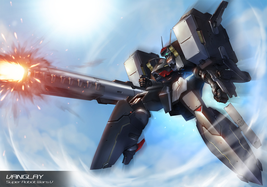 character_name commentary_request copyright_name day firing glowing glowing_eyes gun huge_weapon mecha no_humans robot sky sun super_robot_wars super_robot_wars_v tamasi vangray weapon