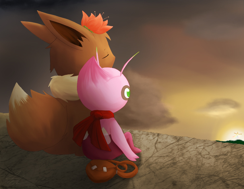 ambiguous_gender antennae_(anatomy) anthro arti4000 arti_(arti4000) artibii_(arti4000) bag brown_body brown_fur canid canine celebi cliff closed_eyes clothed clothing cloud dipstick_antennae duo_focus eevee feral flower fur generation_1_pokemon generation_2_pokemon green_eyes group happy ho-oh legendary_pokemon mammal multicolored_antennae nintendo outside pink_body pink_fur plant pokemon pokemon_(species) rock scarf shiny_pokemon sitting sky smile sun sunset