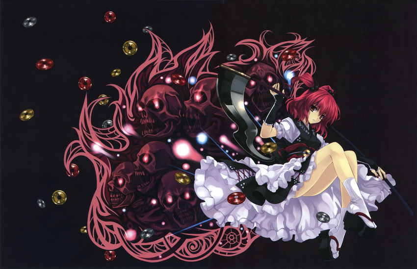 absurdres alstroemeria_records alternate_color black_gloves coin female fingerless_gloves full_body gloves hair_bobbles hair_ornament highres holding holding_scythe kneehighs knees_up legs long_legs looking_at_viewer misaki_kurehito okobo onozuka_komachi puffy_short_sleeves puffy_sleeves red_eyes red_hair sandals scythe short_hair short_sleeves skirt skirt_set skull socks solo tabi touhou two_side_up white_socks