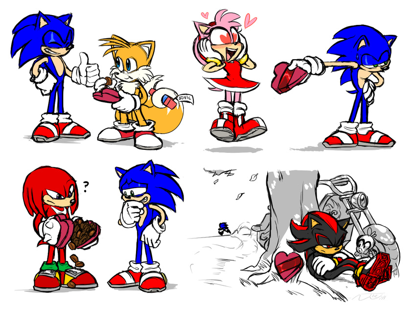 amy_rose anthro avian bird blue_flicky blush candy canid canine chocolate dessert digital_media_(artwork) duo echidna eulipotyphlan female flicky food fox heart_symbol hedgehog holidays knuckles_the_echidna male mammal monotreme motorcycle multiple_partners question_mark sega shadow_the_hedgehog simple_background sonic_the_hedgehog sonic_the_hedgehog_(series) tails thewill valentine's_day vehicle